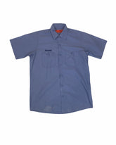 Vintage 90s USA chore workwear factory driver blue shirt Norman name badge by Redkap size medium