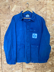 Vintage 80s blue cotton drill sanforized button up chore factory engineer workers utility jacket siz