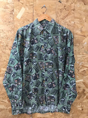 Vintage 90s green expedition map abstract motif crazy pattern ugly soft brushed cotton retro party size XL