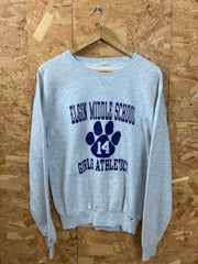 Vintage 90s Elgin Middle School Girls Athletics grey purple crew neck sweater size medium by Russel Athletic