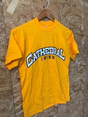 Vintage 80s USA Cathedral Irish High School Indianapolis yellow t shirt size Small