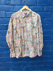 Vintage 90s ugly abstract water colour pastel shapes pink beige green blue party festival long sleeve cotton shirt size XL
