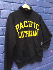 Vintage 90s Champion USA Pacific Lutheran black quarter zip yellow spell out embroidered sweater size small
