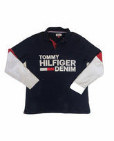 Vintage Y2K Tommy Hilfiger Spell out navy blue white long sleeve polo shirt/sweater size medium