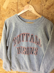 Vintage 90s USA college varsity team Buffalo Bisons grey crew neck sweater size XL on fruit of the loom size XL