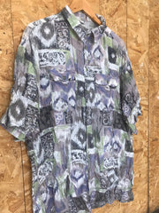 Vintage 90s mens pastel light green purple grey abstract trippy pattern short sleeve summer party shirt size XXL