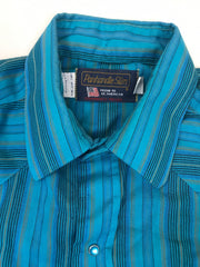 Vintage 80s Panhandle Slim turquoise blue cotton striped USA western shirt size large 16/32