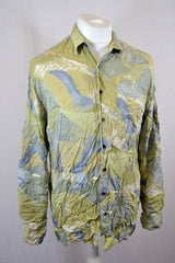 Vintage 90s C&A light olive green watercolour Abstract Pastel Plant Print viscose Shirt size large