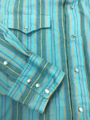 Vintage 80s Panhandle Slim turquoise blue cotton striped USA western shirt size large 16/32