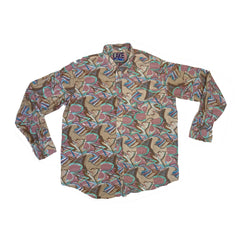 Vintage 90s ugly abstract water colour pastel shapes pink beige green blue party festival long sleeve cotton shirt size XL