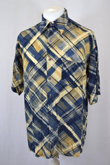 Vintage 90s beige navy blue Wavy Ugly Check Pattern Abstract Print Shirt size XL