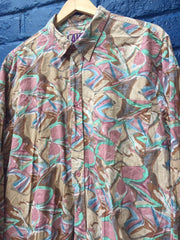 Vintage 90s ugly abstract water colour pastel shapes pink beige green blue party festival long sleeve cotton shirt size XL