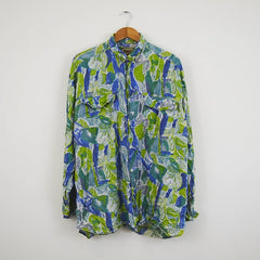 Vintage 90s green blue abstract pattern twin pocket button western shirt size XL