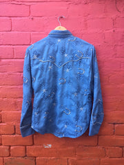 Vintage ladies Scully light blue horseshoe pattern western cowgirl line dance show blouse womens size small