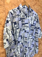 Vintage Y2K Mens blue grey Columbia hunting fishing Boston Whaler bluefin tuna fish illustration short sleeve shirt size large