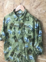 Vintage 90s Olive green grungy map print crazy pattern hawaiian style beach party festival shirt size large