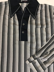 Vintage 70s white black faded stripe pattern pointed collar retro polyester disco shirt size medium