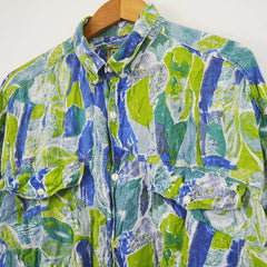Vintage 90s green blue abstract pattern twin pocket button western shirt size XL