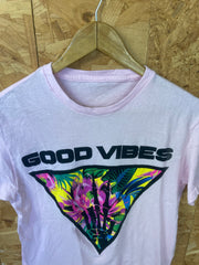 Vintage 90s light pastel pink Good Vibes skeleton hand t-shirt size medium