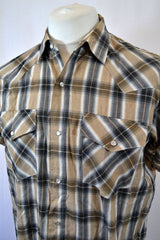 Vintage 90s beige blue grey check shirt by Cherokee size medium oversized fit