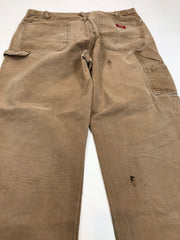 Vintage 90s W38 L32 worn distressed Dickies heavy cotton tan beige canvas duck weave workwear carpenter pants