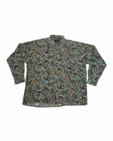 Vintage 90s green expedition map abstract motif crazy pattern ugly soft brushed cotton retro party size XL