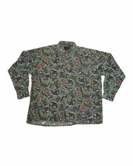 Vintage 90s green expedition map abstract motif crazy pattern ugly soft brushed cotton retro party size XL