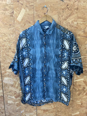 Vintage 90s blue white ethnic tribal pattern Hawaiian shirt size large