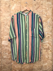 Vintage 90s United Colours of Benetton green orange purple striped short sleeve hooded rayon shirt size large