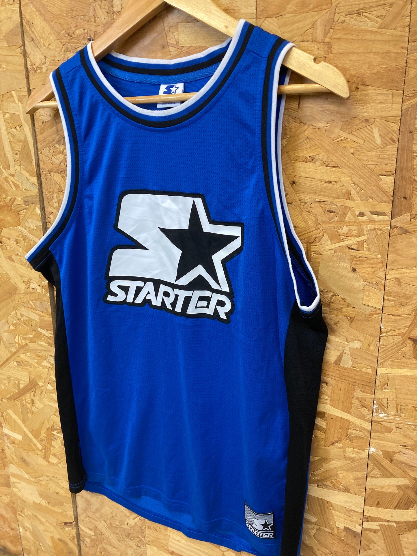 Vintage Y2K Starter USA blue black spell out logo 99 basketball mesh vest t-shirt size medium