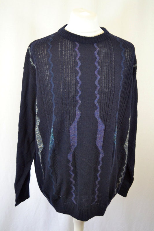 Vintage 90&#39;s navy blue grey stripe grandad jumper pullover size XXL by C&A