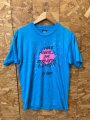 Vintage 90s turquoise blue Docs BBQ El Paso Texas ‘I was abused by springfire’ quirky souvenir singl