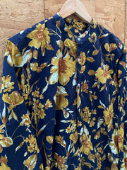 Vintage Y2K navy mustard floral pattern long sleeve mao collar shirt size medium