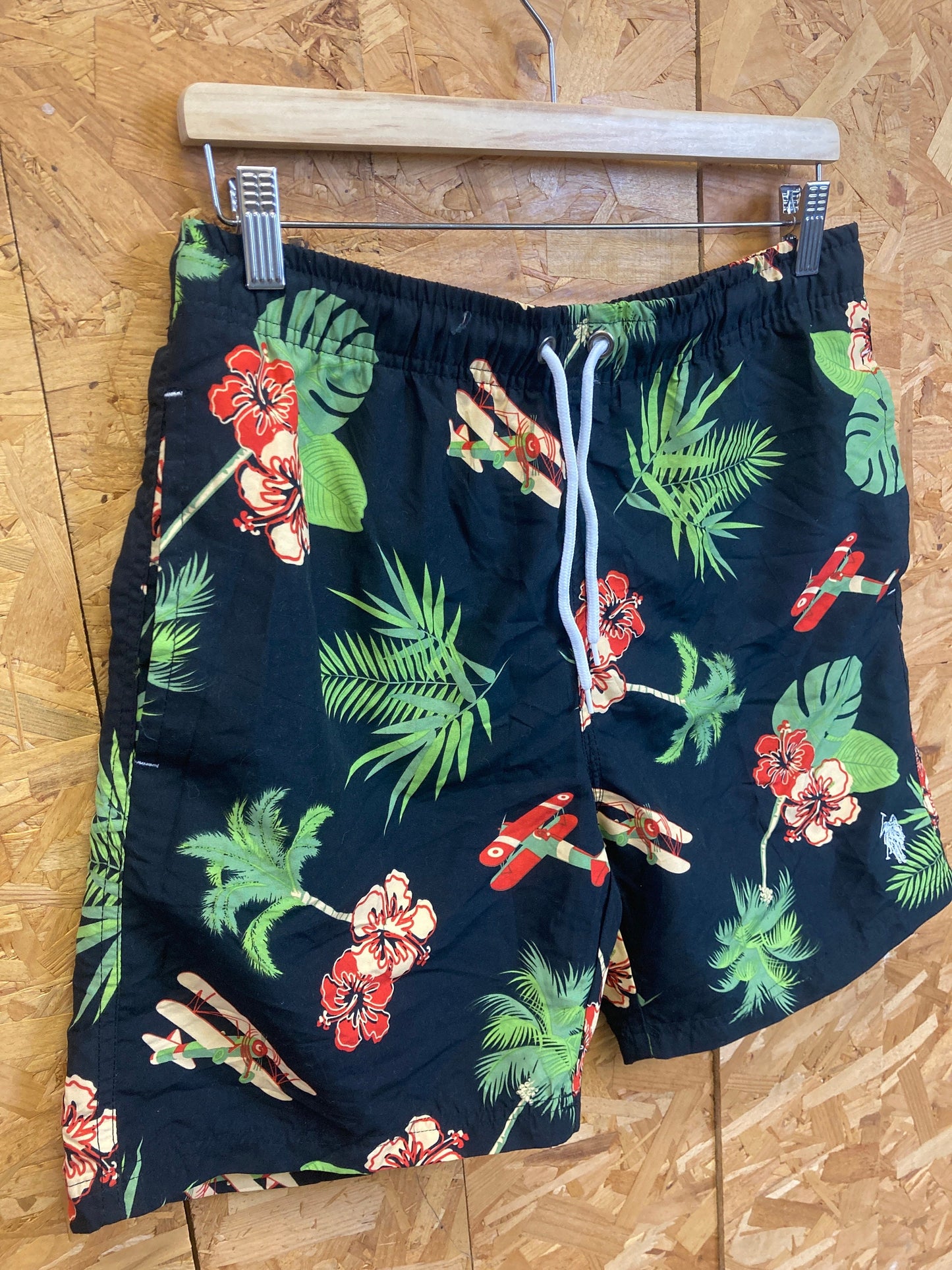 Vintage Y2K Ralph Lauren Polo hawaiian style black green red floral shell inner mesh swim shorts siz