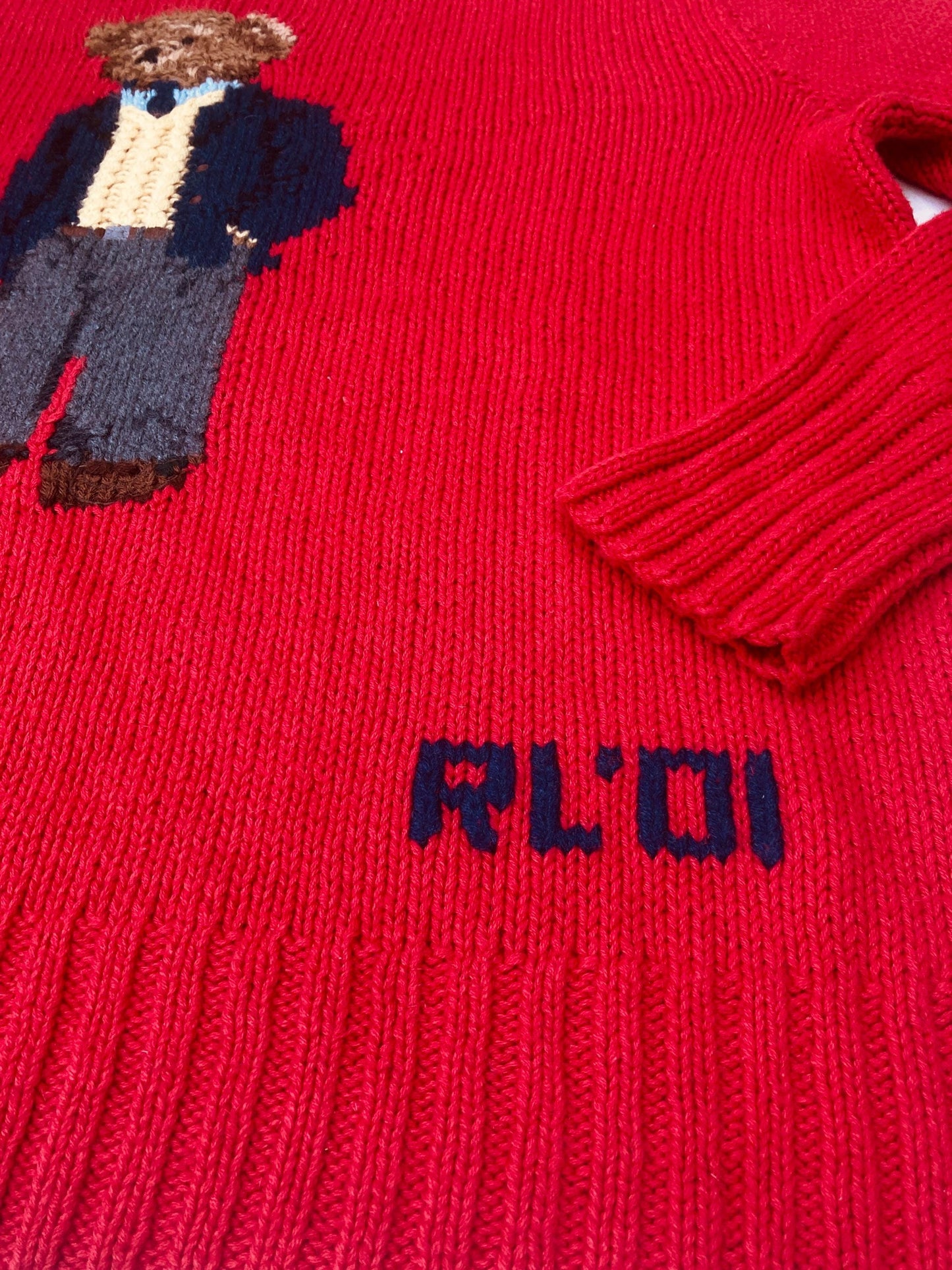 Vintage 2001 rare collectable Polo Ralph Lauren “Executive Bear” red hand-knit crew neck sweater jum