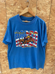 Vintage 90s Harper & Morgan Rodeo Schedule T-Shirt XL Blue Fruit of the Loom