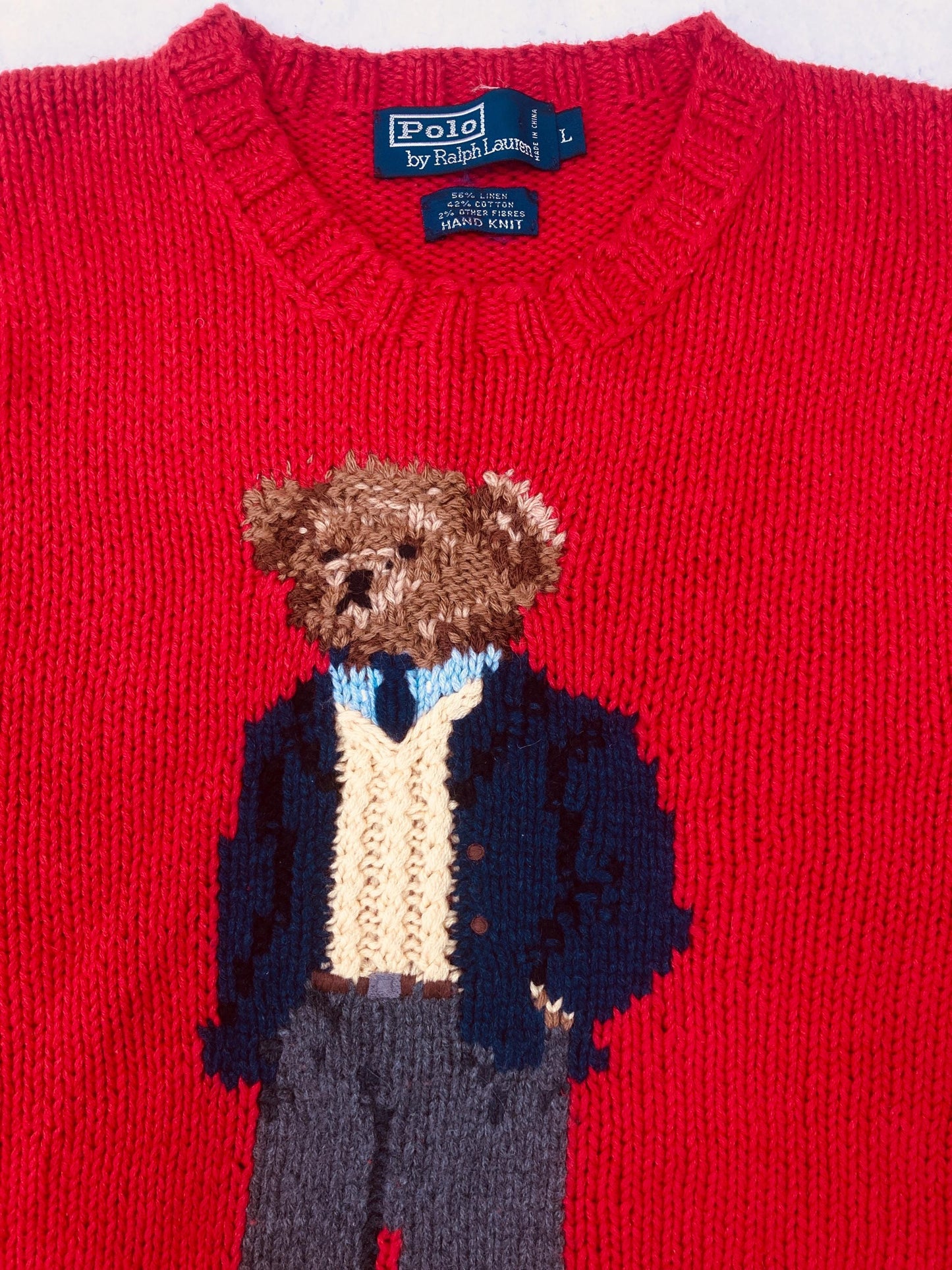 Vintage 2001 rare collectable Polo Ralph Lauren “Executive Bear” red hand-knit crew neck sweater jum