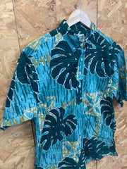Vintage 90s teal olive green bold leaf pattern hawaiian ugly party shirt sleeve shirt by Hilo Hattie