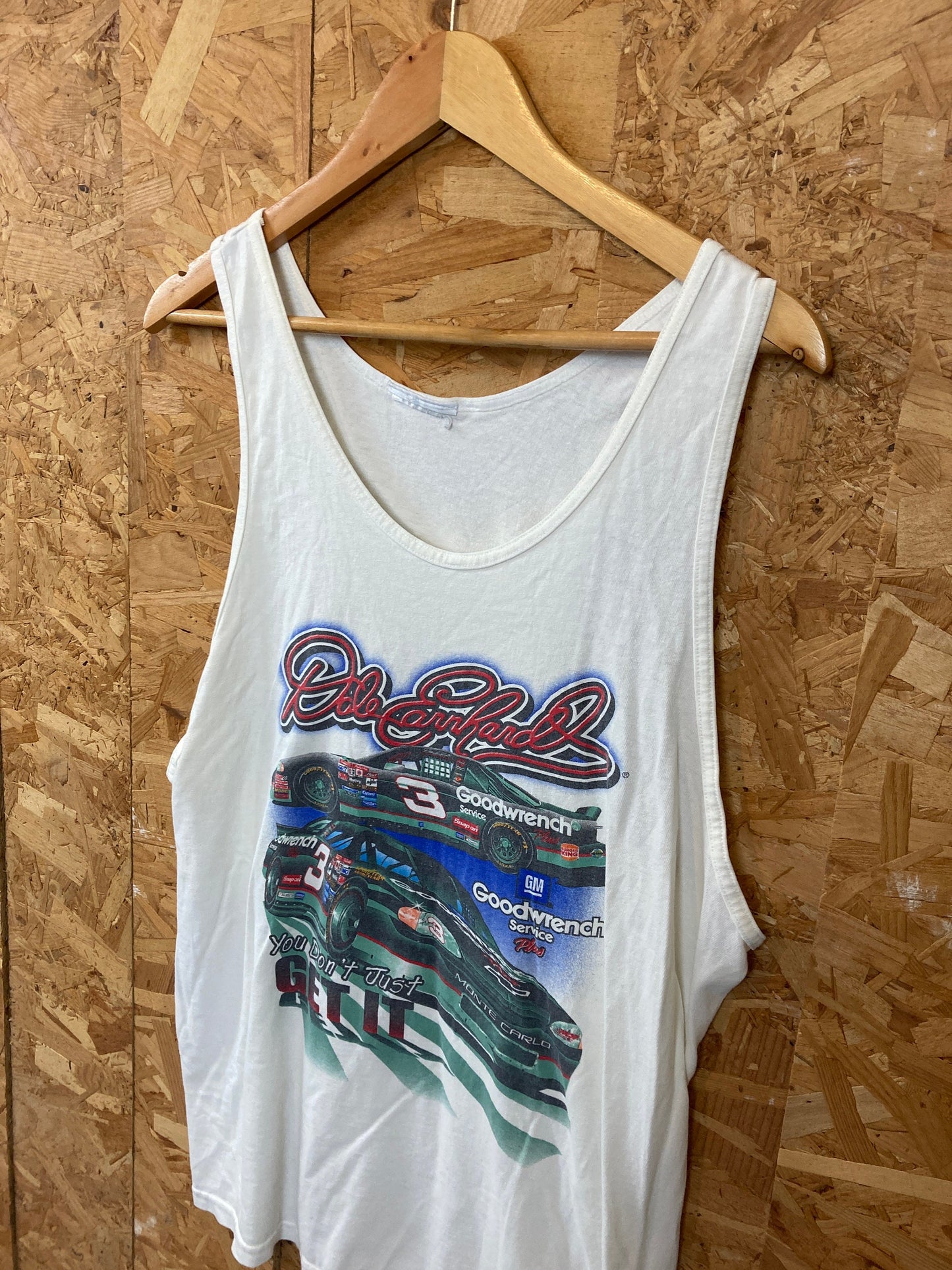 Vintage 90s white NASCAR Dale Earnhardt Chevy Goodwrench gymnasium vest muscle souvenir t-shirt size