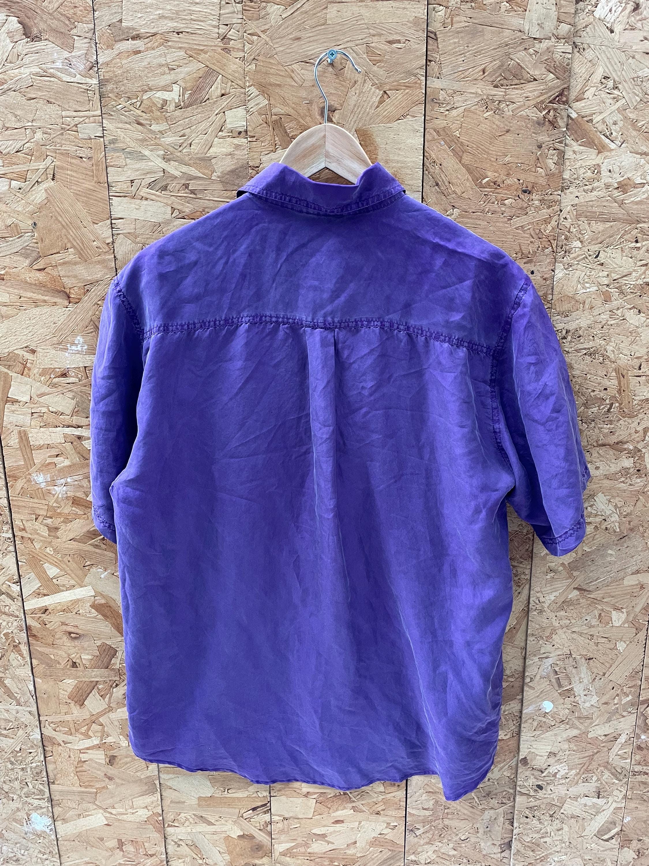 Vintage 90s purple pure silk twin pocket short sleeve oversized mens shirt size large by SilkKing