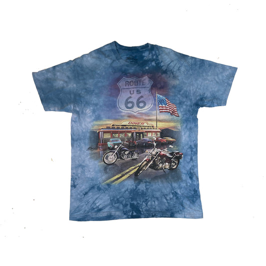 Vintage 90s The Mountain blue tie dye Route 66 souvenir biker t-shirt size large