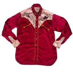 Vintage 50s satin red beige southwestern cowboy stage shirt size large