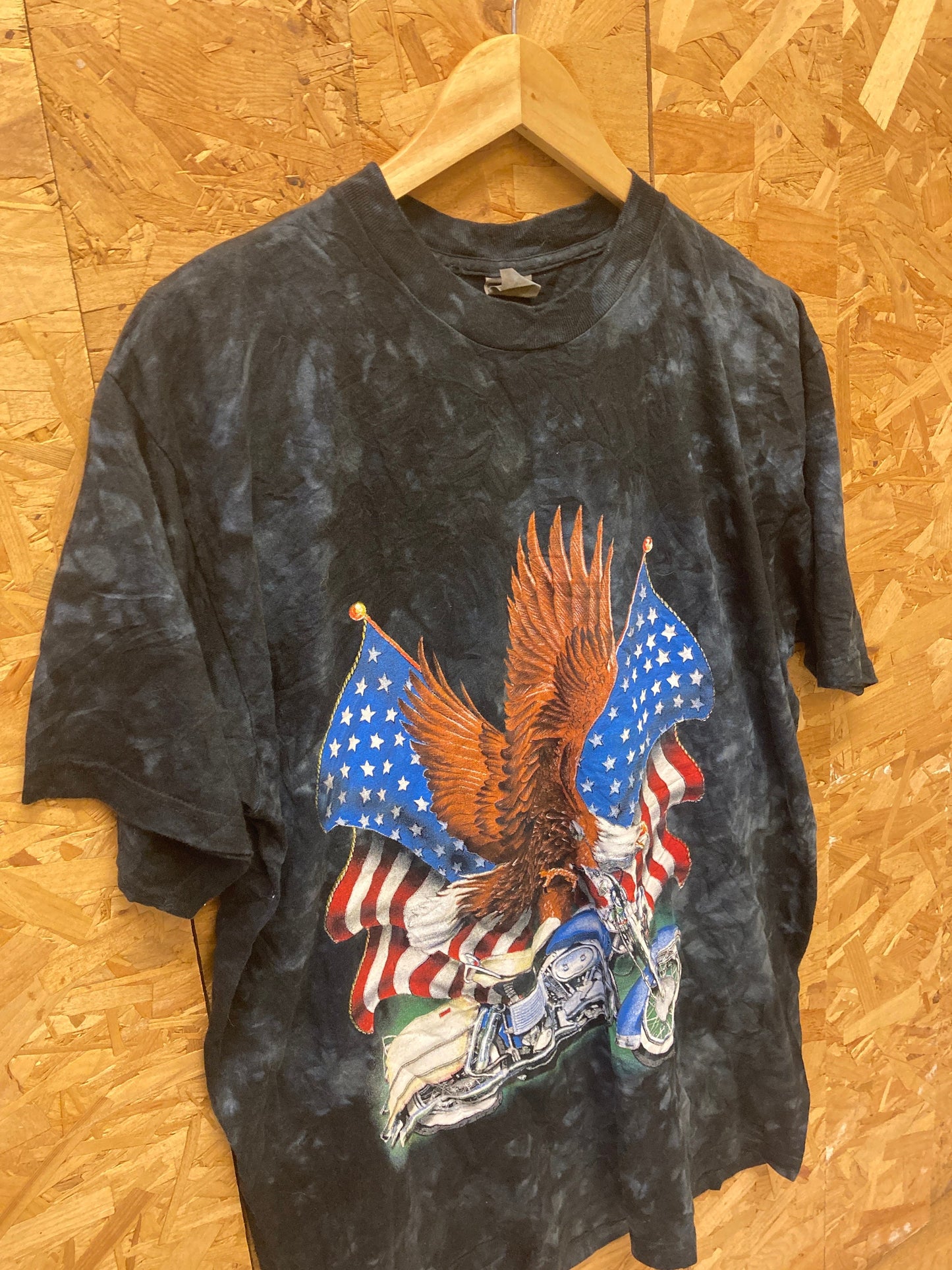 Vintage 90s American Eagle on Harley USA souvenir black tie dye patriotic t-shirt size large