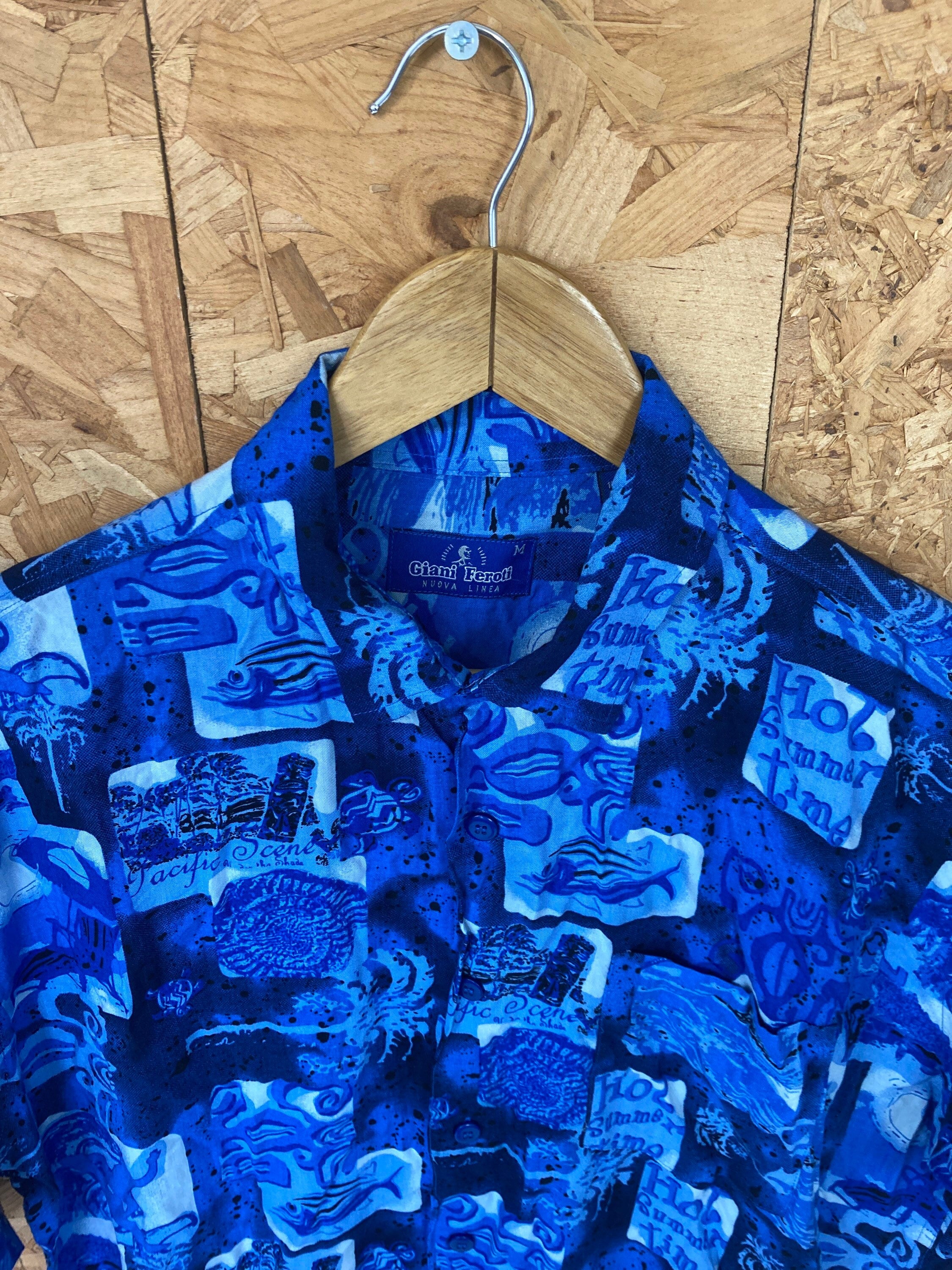 Vintage 90s blue Pacific Ocean fishing print Haiwaiian beach party shirt oversized XL by Giani Ferot
