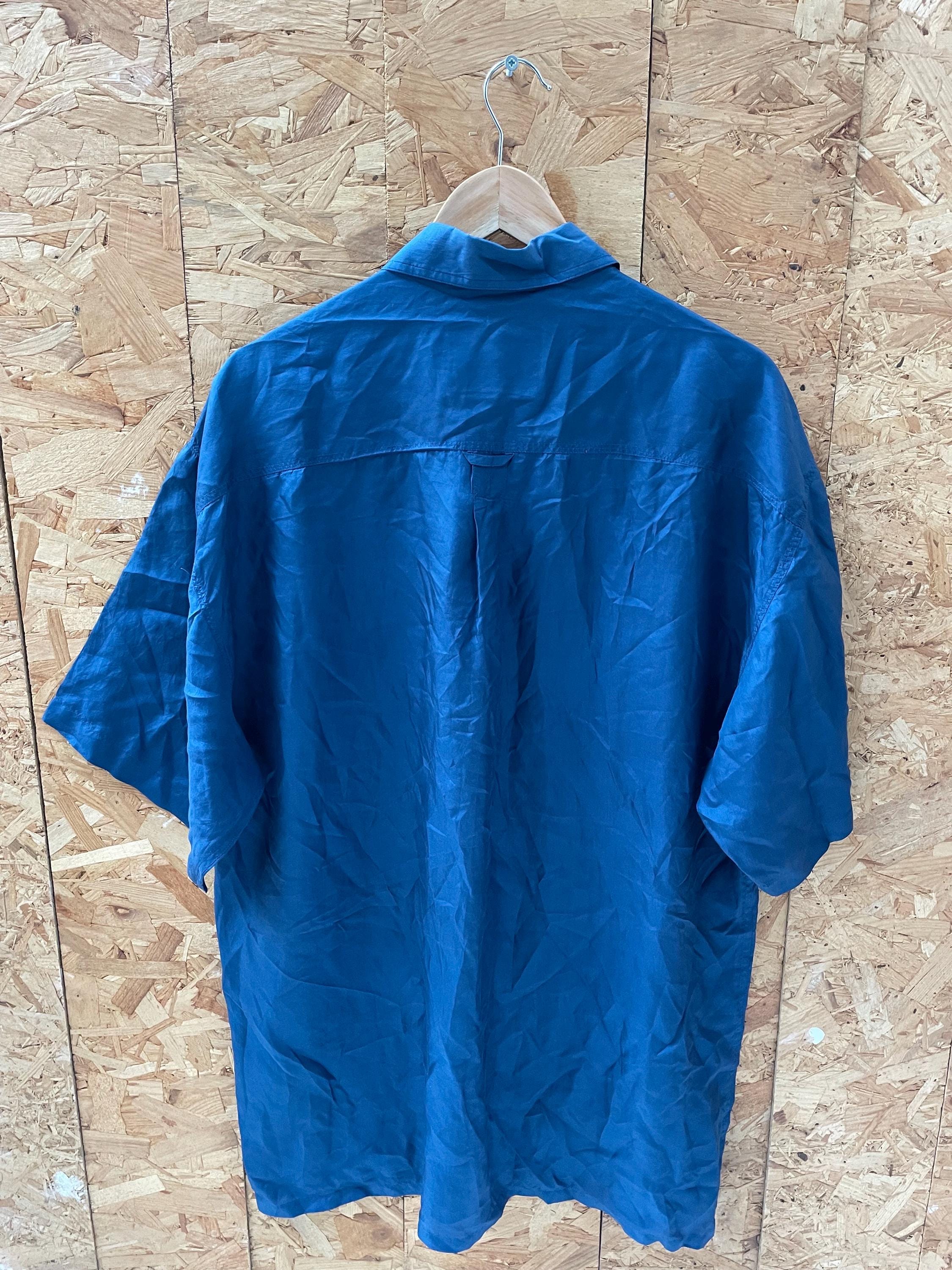 Vintage 90s navy blue 100% pure silk satin oversized short sleeve shirt size large by Enrico Mantoni