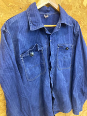 Vintage 70s mens french worker prisoner chore blue distressed cotton herringbone sanforized button u
