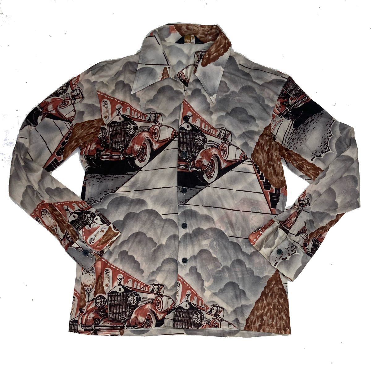 Vintage 70s brown abstract pattern long sleeve polyester shirt size large