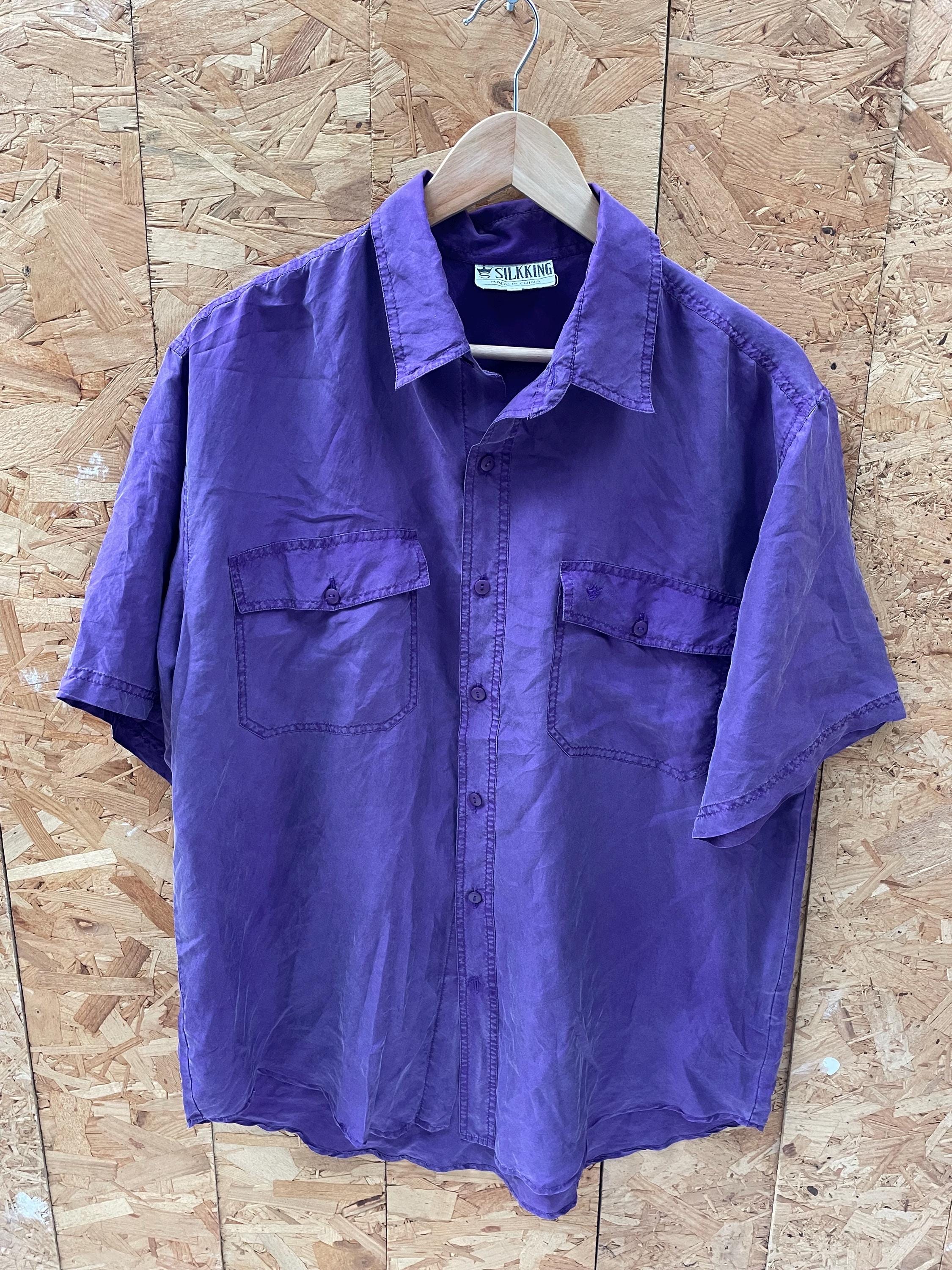 Vintage 90s purple pure silk twin pocket short sleeve oversized mens shirt size large by SilkKing
