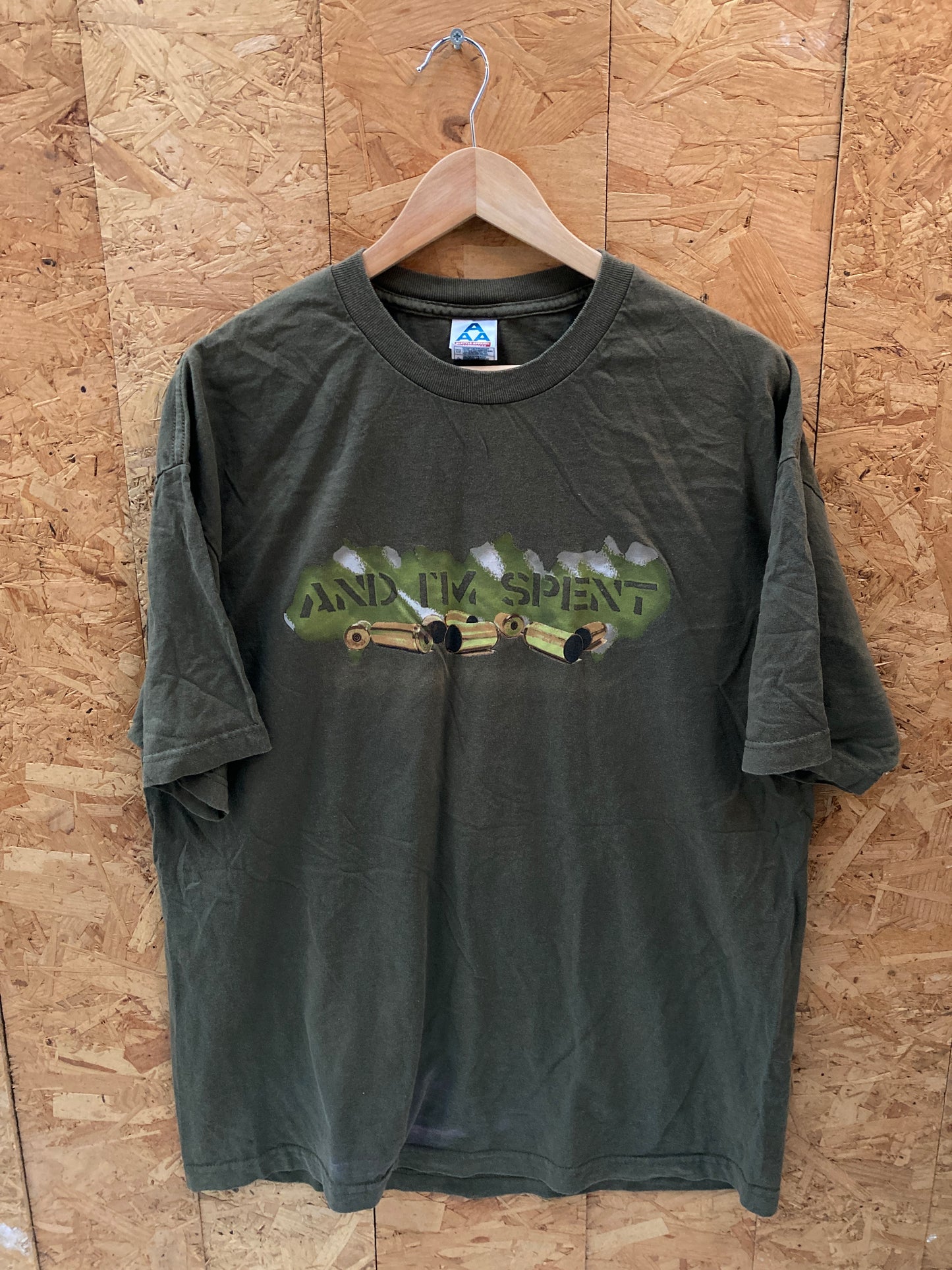 Vintage Y2K And Im Spent olive drab green ammo souvenir t-shirt size XL