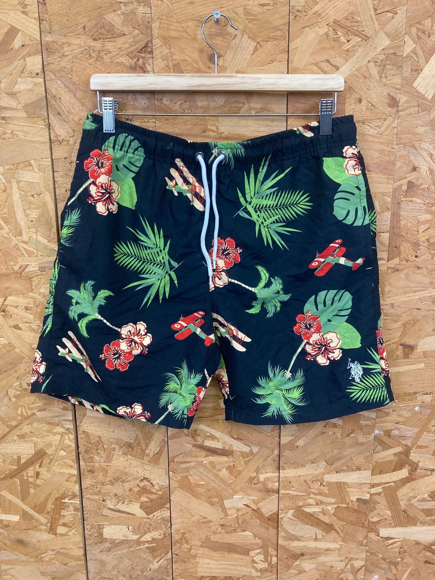 Vintage Y2K Ralph Lauren Polo hawaiian style black green red floral shell inner mesh swim shorts siz